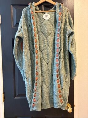 POL Green Hooded Knit Cardigan with Tan Trim